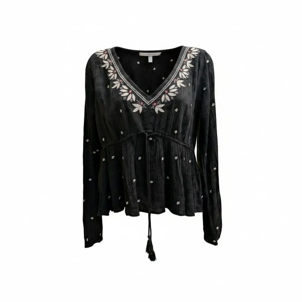 A&F Boho Embroidered Peasant Top Sz M Peplum  Hippie Abercrombie Fitch V-neck